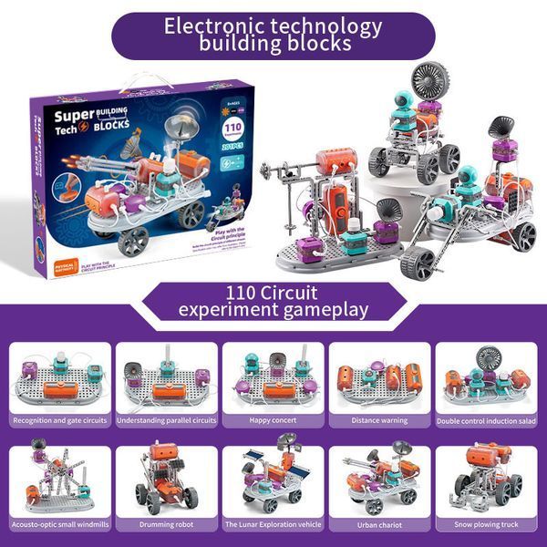 Електронний конструктор Super Tech Building Blocks 201 деталь, 110 експериментів, STEM-набір з моторами, лампочками, сенсорами та звуковими ефектами 110 фото